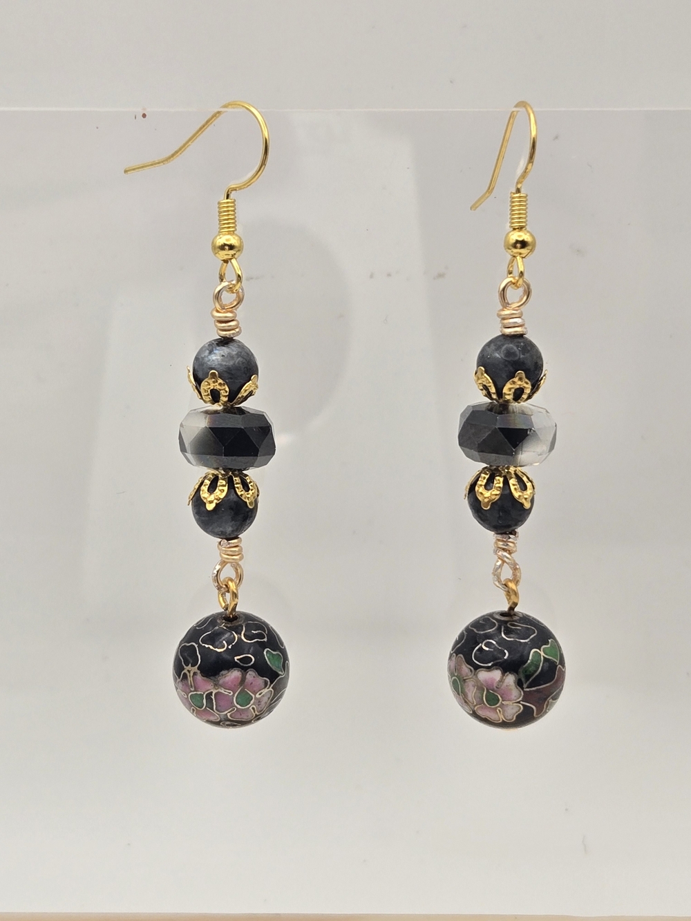 Gold-Tone Black Cloisonné Drop Earrings with Pink Floral Detail
